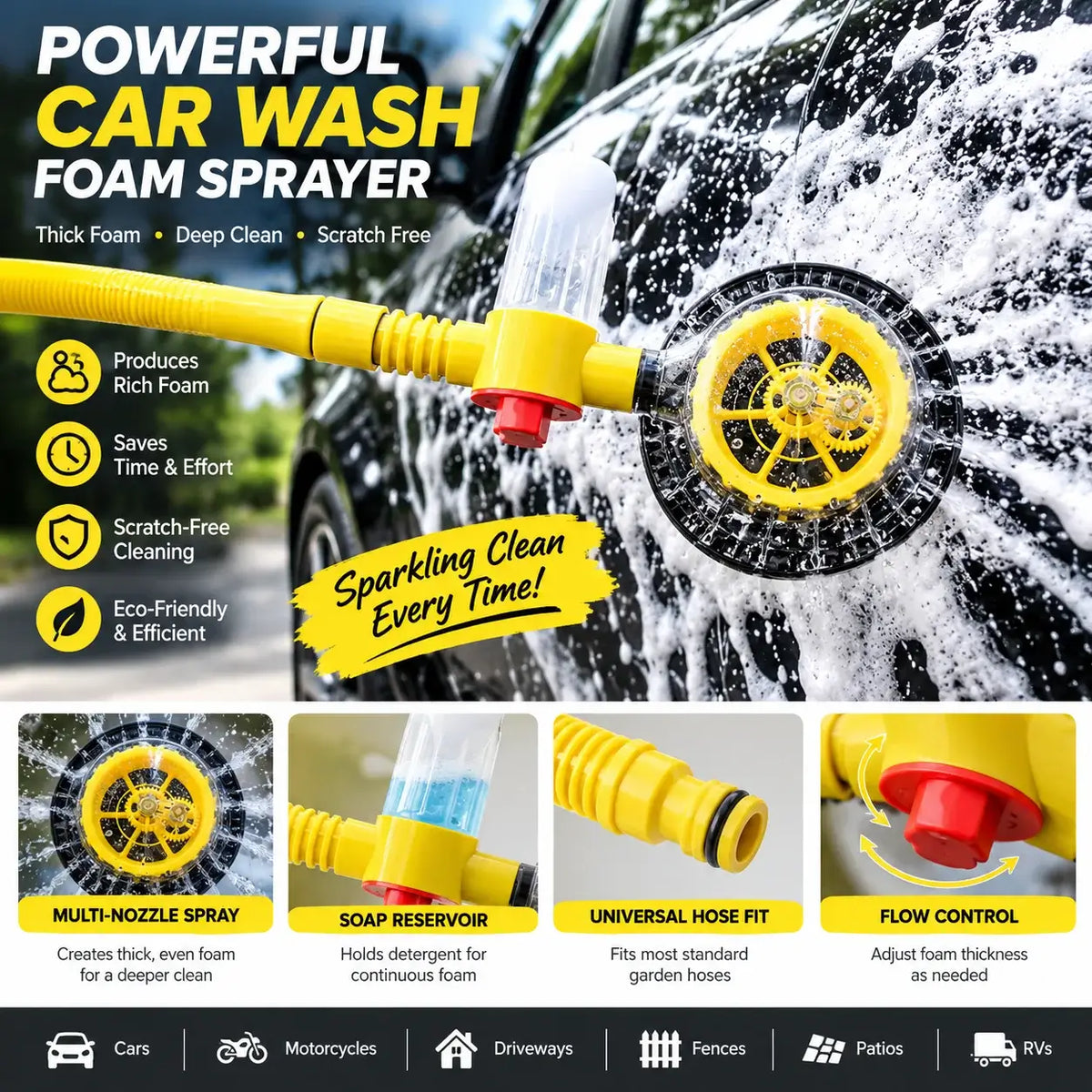 Rotating Car Wash Cleaning Brush with Soap Dispenser & Water Spray