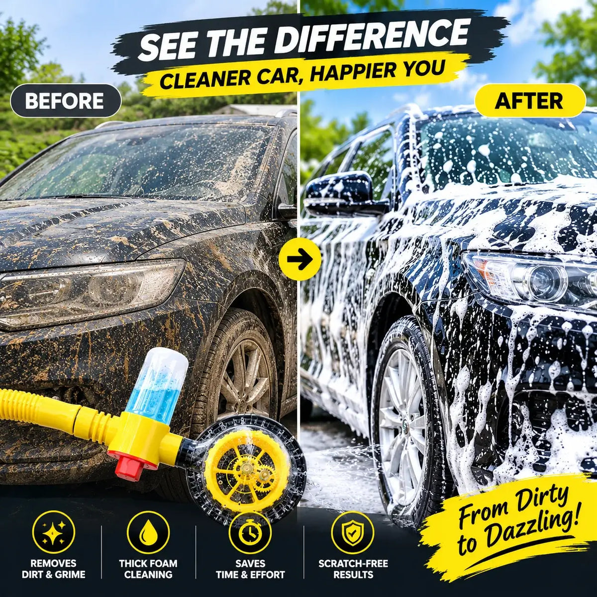 Rotating Car Wash Cleaning Brush with Soap Dispenser & Water Spray